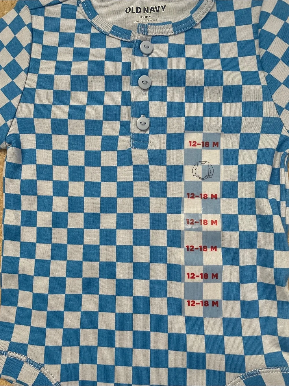 Old Navy Blue and White Checkerboard Long-Sleeve One-Piece size 12-18 months NEW